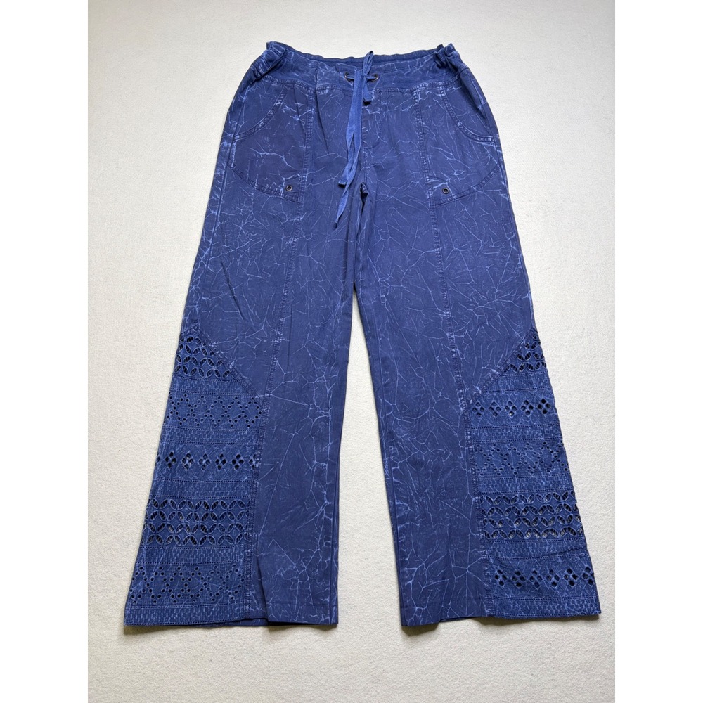 Mindset by XCVI Pants Womens Medium Blue Marble Eyelet Lace Wide Leg Drawstring